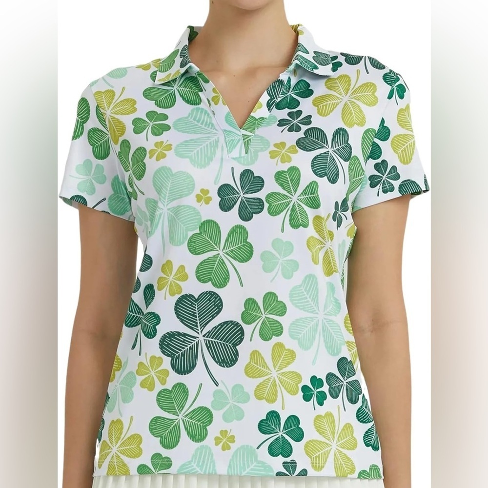 Sporty Buff Short Sleeve V-Neck Golf Polo Shirts Comfy Collared Clover - Picture 3 of 8
